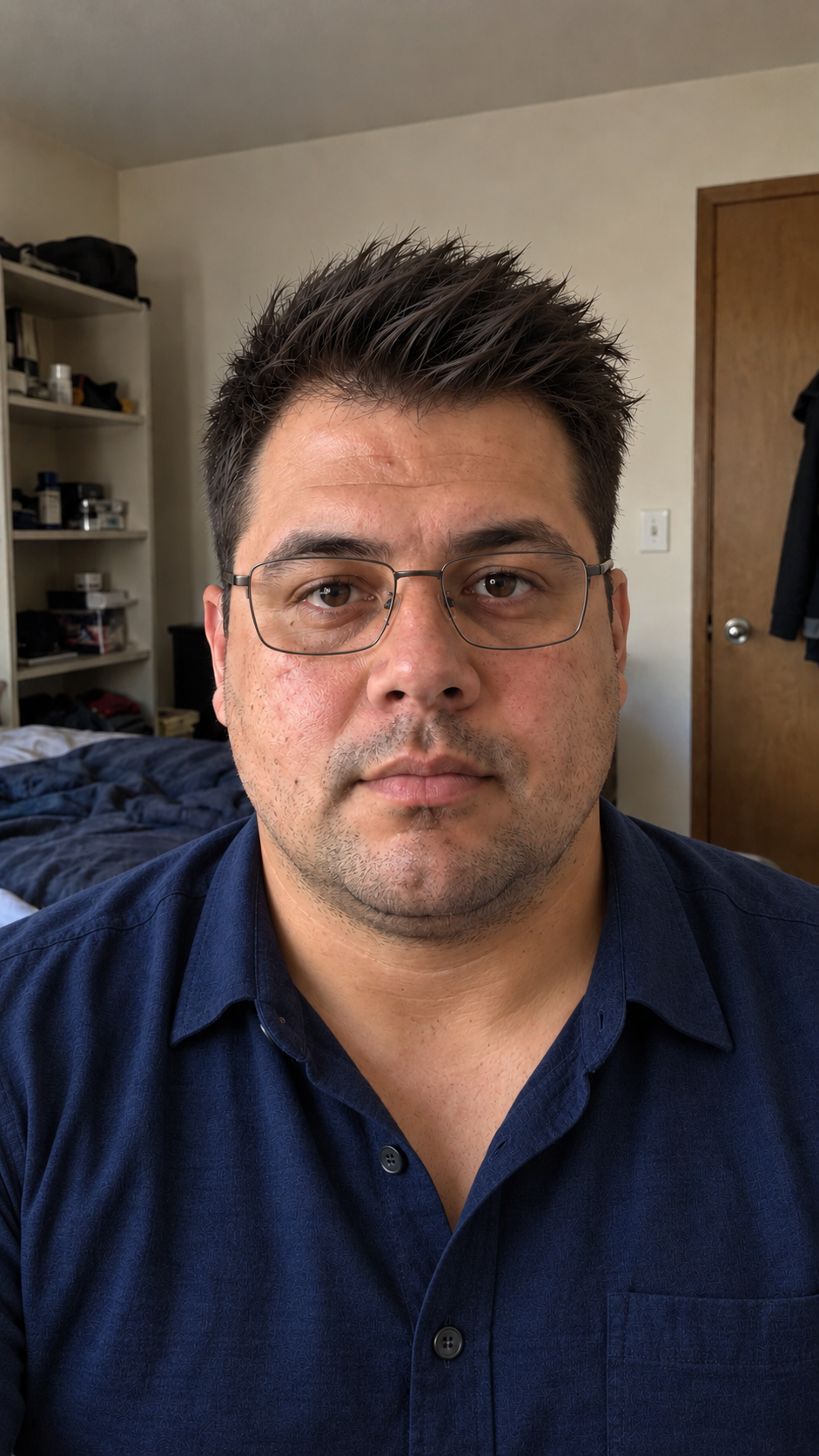 The same fictional adult with styled hair, glasses and a navy shirt