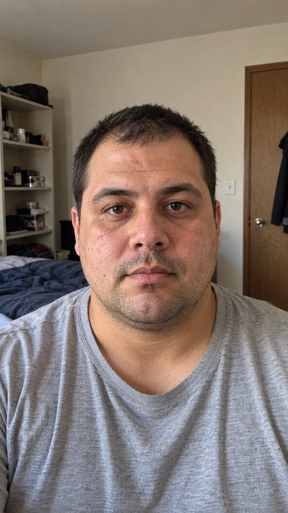 Fictional adult before styling, in an ordinary home selfie