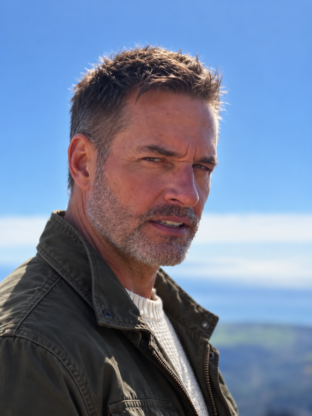 AI style preview of Daniel outdoors with a short textured crop, close sides, salt-and-pepper stubble, an olive field-style jacket and ivory knit.