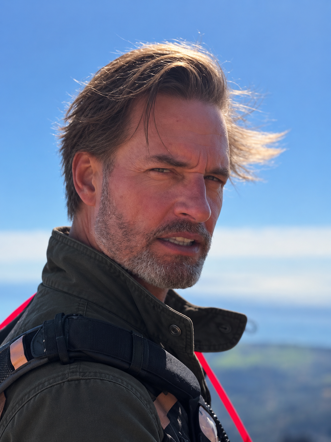 AI styling concept showing Daniel’s side-swept hair, salt-and-pepper beard and dark charcoal-olive field-style jacket.