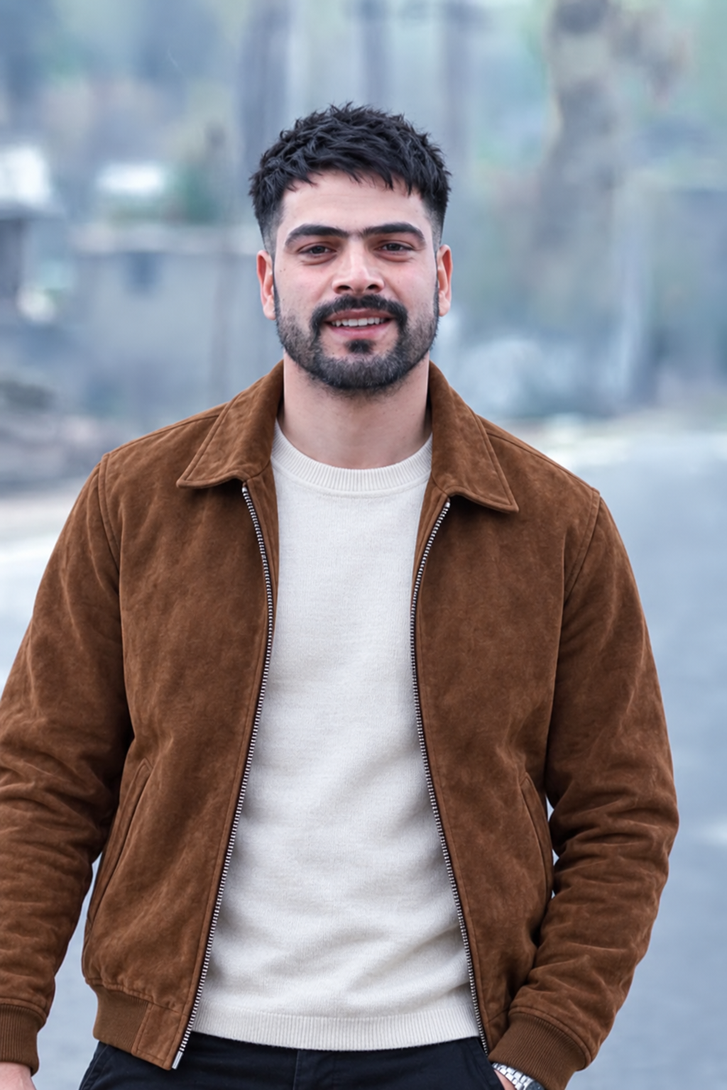 AI style preview of Leo with a short textured crop, tapered sides, close beard and prominent mustache, wearing a tobacco zip jacket and off-white knit.