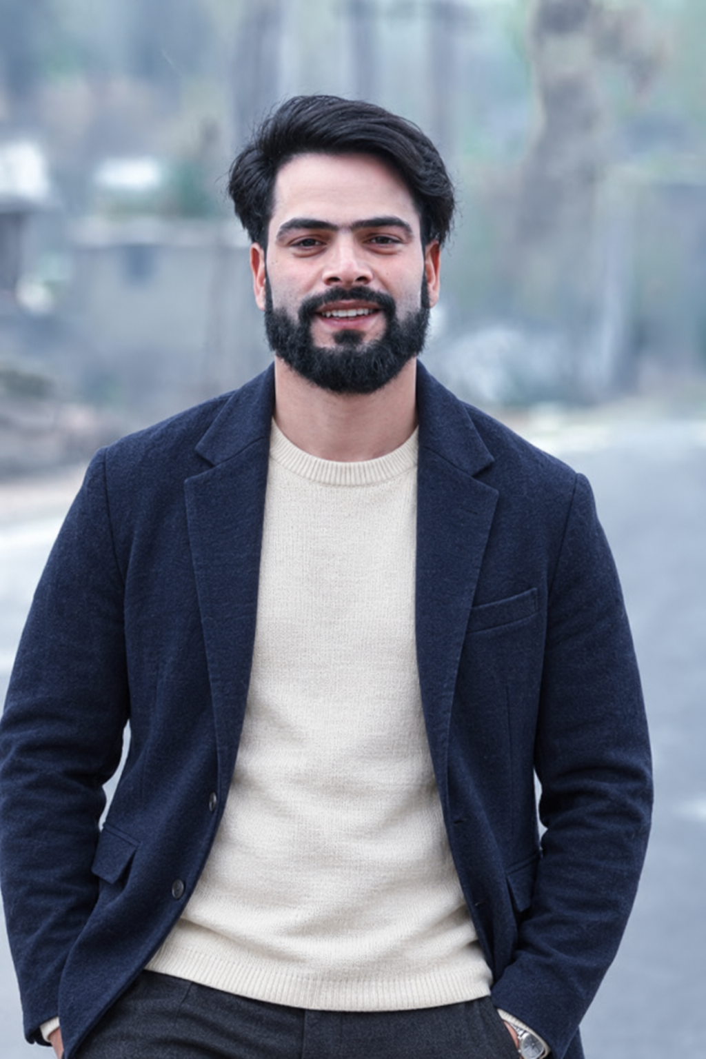 AI styling concept of Leo in a navy blazer and cream knit with lower side-swept hair and a tidy full beard.