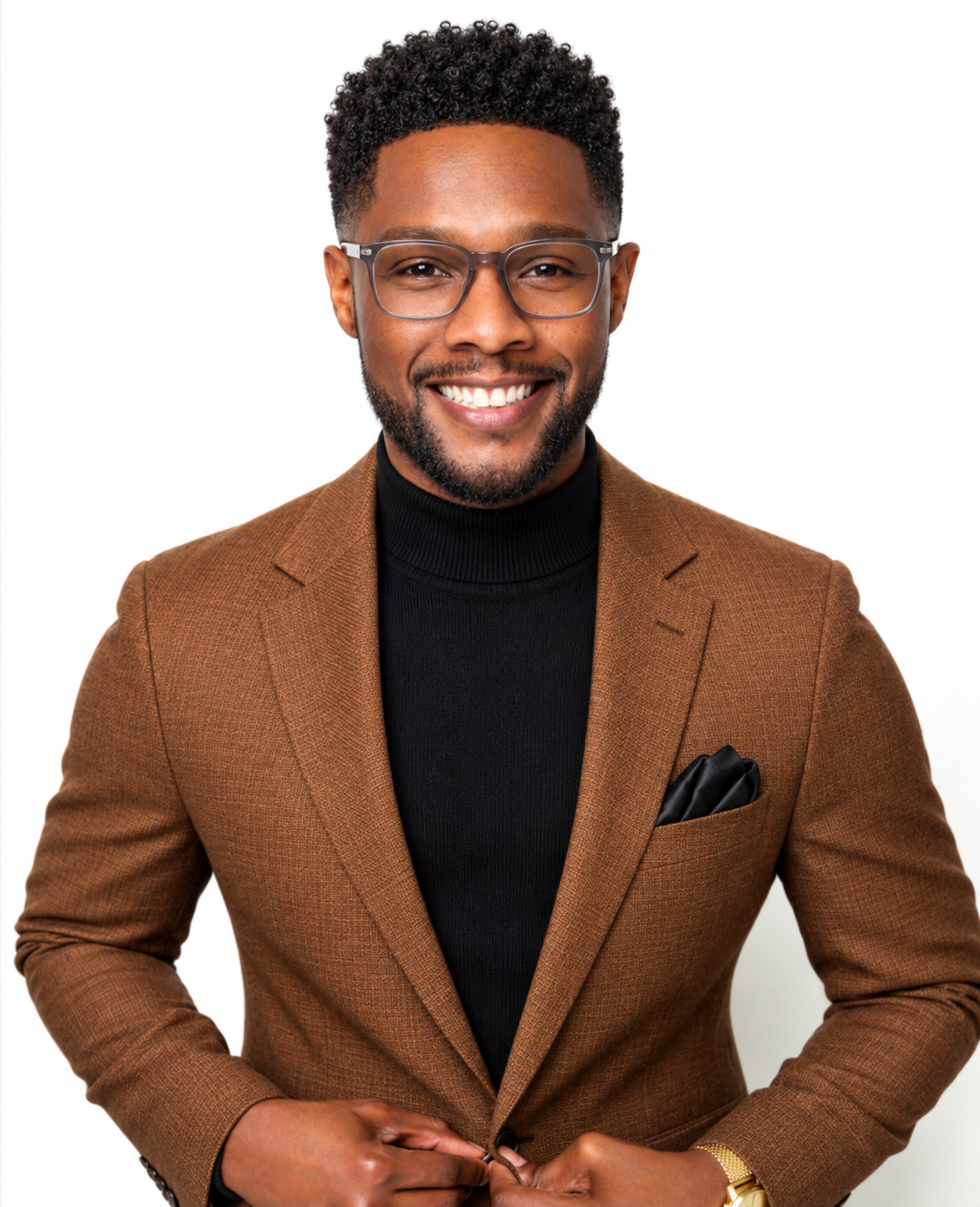 AI style preview of Sam with taller curls, a close beard, translucent gray glasses, tobacco blazer, black high-neck knit and black pocket square.